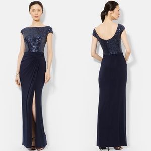 Lauren Ralph Lauren Blue Sequin & Jersey Gown